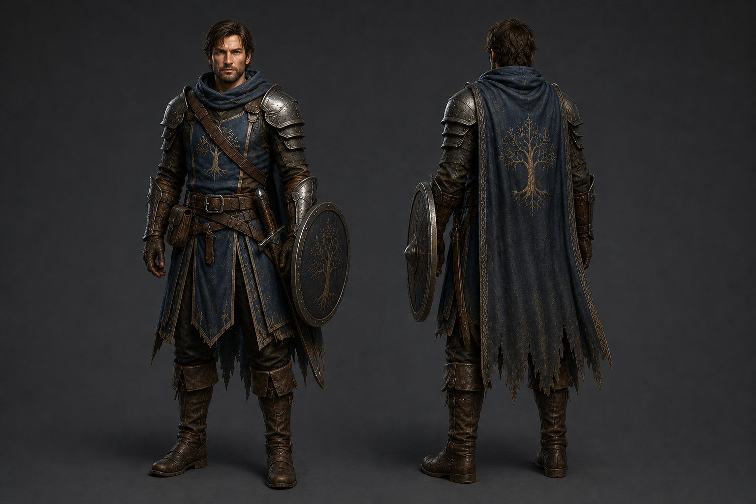 Alden, a sword and shield fighter in dark blue and gold armor
