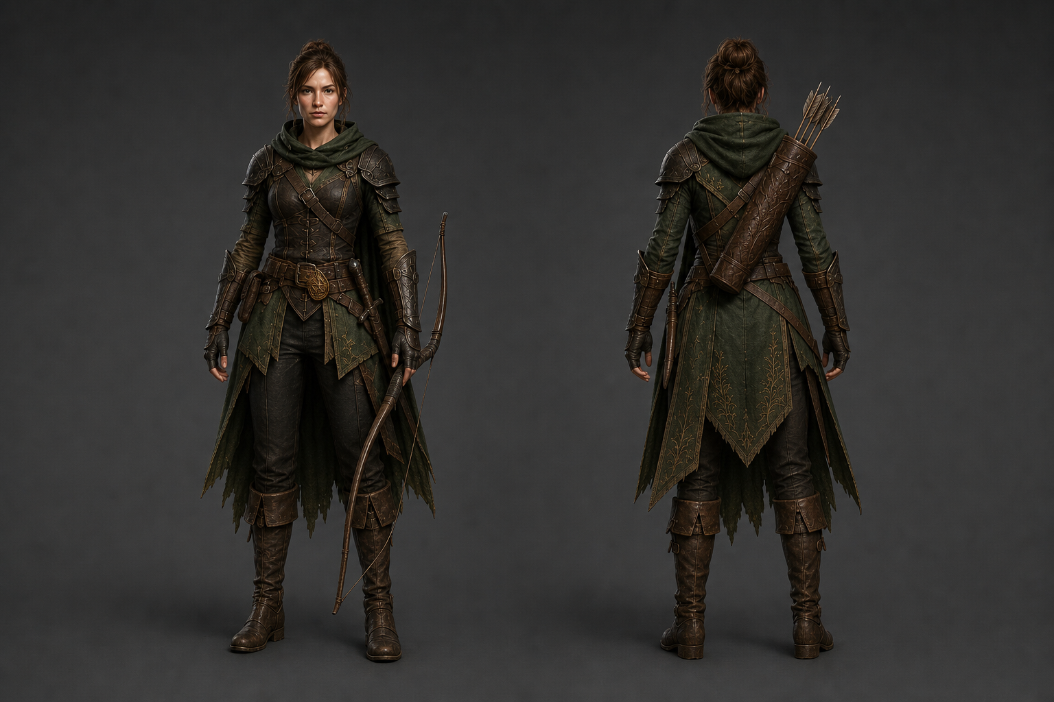 Elara, an archer in forest green and gold armor